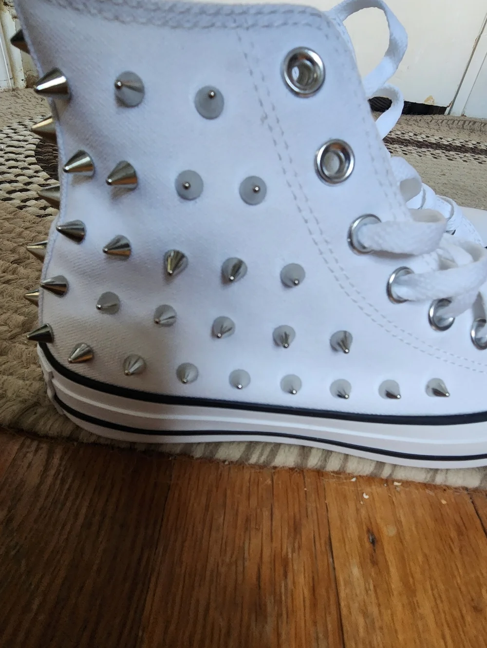 Converse White High Top Sneakers with Silver Studs